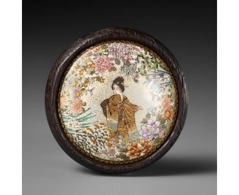 A SATSUMA EARTHENWARE AND TAGAYASAN KAGAMIBUTA NETSUKE WITH A BIJINUnsignedJapan, 19th century, Meiji period (1868-1912)Of ci