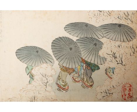 HARADA KEIGAKU: SURIMONO OF FLOWER PARASOLS (HANAGASA)By Harada Keigaku (1803-1885), sealed Keigaku ga inJapan, 19th centuryH