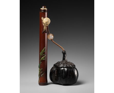 MINKO: A SUPERB EBONY PUMPKIN-FORM TONKOTSU AND INLAID BAMBOO KISERUZUTSU WITH SNAIL AND BAMBOOBy Tanaka Juntoku Minko (1735-