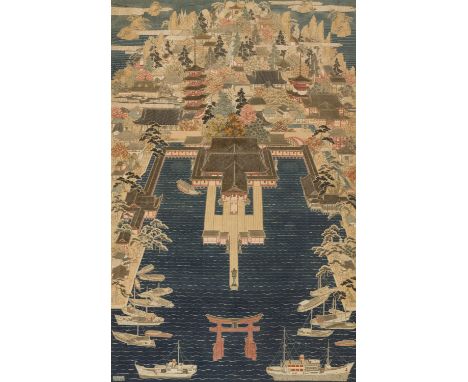 YOSHIMASA: A VERY LARGE PAINTED AND EMBROIDERED 'ITSUKUSHIMA SHRINE' WALL HANGINGBy Yoshimasa, signed Yoshimasa saku 好雅作Japan