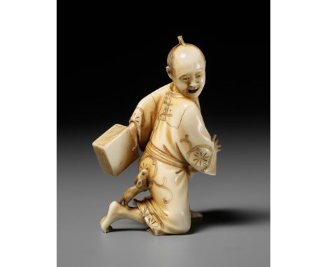 AN AMUSING IVORY OKIMONO OF A FRUSTRATED RAT CATCHERBy Toshimune, signed ToshimuneJapan, Meiji period (1868-1912)The alarmed 