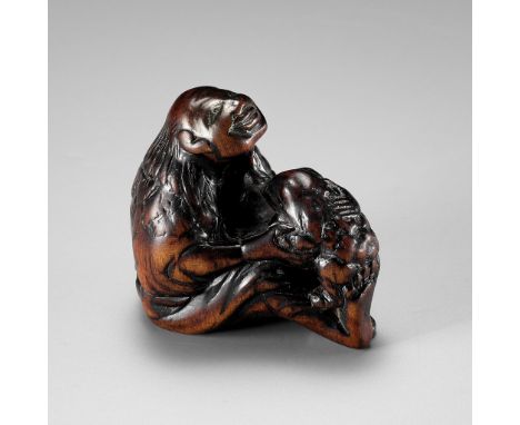 MIWA: A FINE EDO SCHOOL WOOD NETSUKE OF GAMA SENNIN AND HIS TOADBy Miwa, signed Miwa with sealJapan, Edo (Tokyo), late 18th c