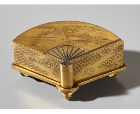 A SUPERB GOLD LACQUER FAN-SHAPED BOX AND COVER WITH INTERIOR TRAY AND STANDJapan, 19th century, Edo period (1615-1868)The fan