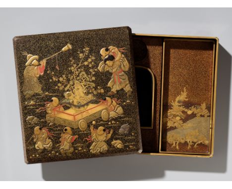 A LACQUER SUZURIBAKO DEPICTING BOYS AT PLAYJapan, 19th century, Edo period (1615-1868)Of rectangular form, the sides and over