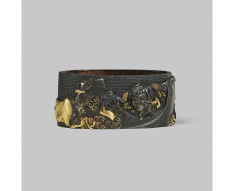 NARA TOSHINORI: A FINE NARA SCHOOL SHAKUDO FUCHI DEPICTING KANZAN AND JITTOKU  By Nara Toshinori (ca. 1750-1775), signed Nara