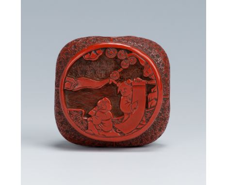 A FINE TSUISHU LACQUER NETSUKE OF A CHINESE LOW TABLE DEPICTING KARAKO UNDER PINEUnsignedJapan, 18th century, Edo period (161
