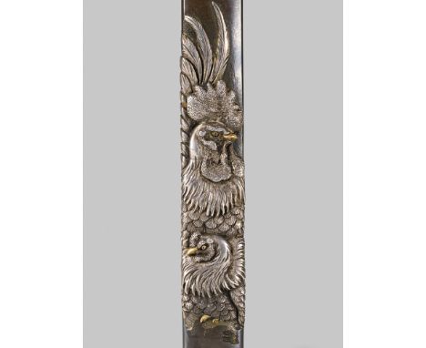 YANAGAWA NAOHARU: A FINE YANAGAWA SCHOOL SHIBUICHI KOZUKA DEPICTING A ROOSTER AND HEN  By Yanagawa Naoharu (born 1750), signe