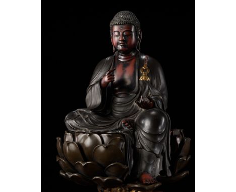A LARGE AND IMPRESSIVE LACQUERED WOOD FIGURE OF AMIDA NYORAI, LATE EDOJapan, 19th century, late Edo period (1615-1868)Covered