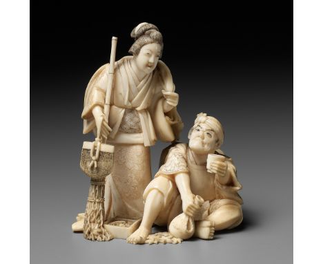 KIKUMASA: A FINE IVORY OKIMONO OF A WOMAN SCOLDING A DRUNKARDBy Kikumasa, signed KikumasaJapan, Meiji period (1868-1912)Finel