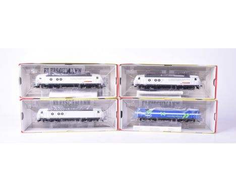 Four boxed Fleischmann HO gauge electric locomotives432301 NIAG locomotive in blue and silver livery, 904320 German goods tax