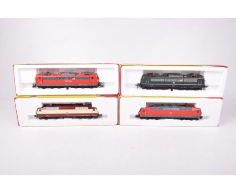 Four boxed Fleischmann HO gauge electric locomotivesNo. 4350 in maroon and cream DB livery, 4380 in black and green DB livery