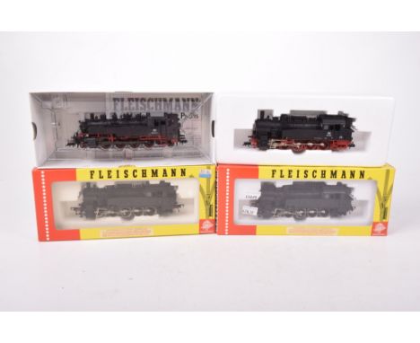 Four boxed Fleischmann HO gauge tank locomotives4094 0-10-0 locomotive in black DB livery, 854087 2-8-2 tank locomotive in bl