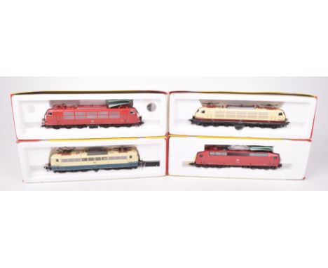 Four boxed Fleischmann HO gauge electric locomotives4381 in blue, green/cream DB livery, 4375 in maroon and cream DB livery, 