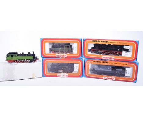 Five boxed Marklin HO gauge tank locomotivesNo. 3087 0-6-0 locomotive in green KLVM livery, 3095 2-6-0 locomotive in black DB