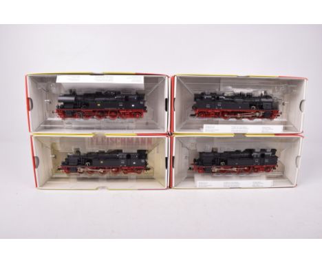 Four boxed Fleischmann HO gauge tank locomotives, all in black livery4078 4-6-4 locomotive, 4079 4-6-4 locomotive, 4078 4-6-4