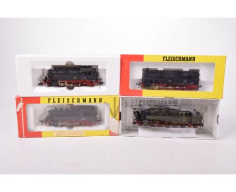 Four boxed Fleischmann HO gauge tank locomotives 4064 2-6-2 locomotive in black DB livery, 4062 2-6-2 tank locomotive in blac