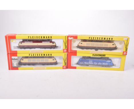 Four boxed Fleischmann HO gauge electric locomotives2x 4375 in maroon and beige/cream DB livery, 4350 in maroon and cream DB 