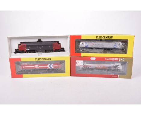 Four boxed Fleischmann HO gauge electric locomotives4273 in black and red DSB livery, 481205 Special Fleischmann locomotive, 