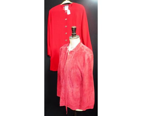JEAN MUIR: A RASPBERRY RED SUEDE JACKET and a red button-through coat, circa 1970 (2)