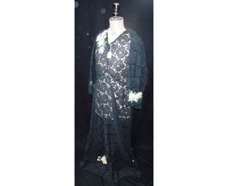 A VINTAGE BLACK LACE AND APPLIQUE DRESS AND JACKET, circa 1930, size 14