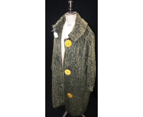 A VINTAGE GREEN MOHAIR COAT, circa 1960 with large yellow buttons