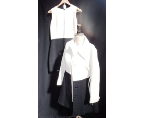 A VINTAGE TINA KAMPERIS AT HARBRO CREAM AND BLACK DRESS AND COAT with matching belt
