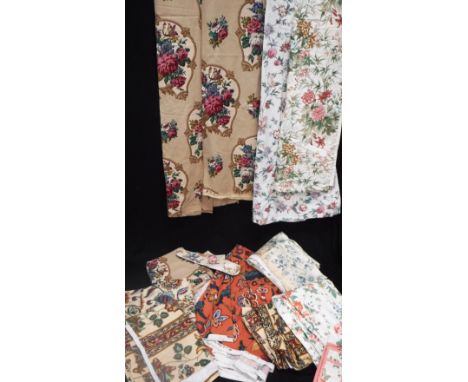 A BOX OF VINTAGE TEXTILES including curtain material