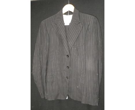 BURTON: A gentleman's vintage 1937 pin-striped three piece suit, the trousers wide leg 'Oxford Bags', waistcoat and suit jack