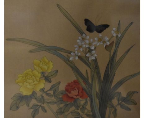 20th Century Japanese School, six prints on material, depicting exotic birds, butterflies, and flowers, all signed, framed, m