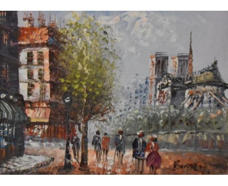 A 20th century oil on canvas, Parisian street scene with figures, signed Barney lower right, within a moulded gilt frame 19cm