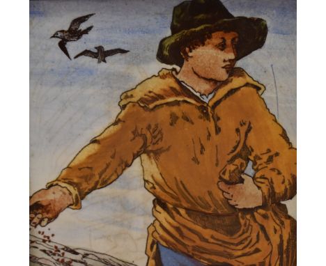 Continental school, a painting on tile, A 19th century peasant worker sowing land with two birds in flight above, in the styl