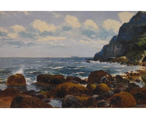 Edgar Longstaffe (British 1852-1933) oil on canvas, coastal scene with figures, liner in the distance, monogrammed with attri
