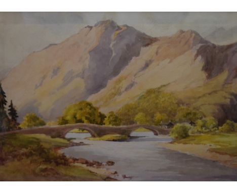 Reg. E. Willimott (British School), watercolour, A hilly landscape scene with river flowing under a double arched stone bridg