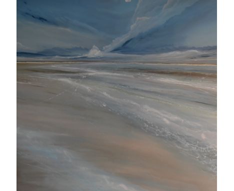 After Jane Skingley (b.1963), canvas print, A contemporary seascape depicting an expansive sandy bay under approaching dark b