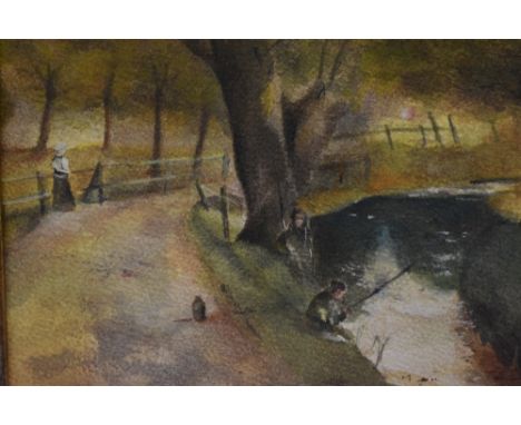 Malcolm R. Gleeson (British 20th Century) watercolour, 'Children fishing at dusk' within woodland setting, title and artist's