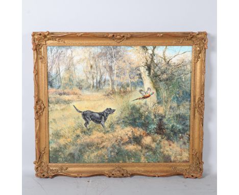 Henry Wilkinson, Gundog and pheasant in woodland, oil on canvas, 50cm x 61cm, framed Very good condition