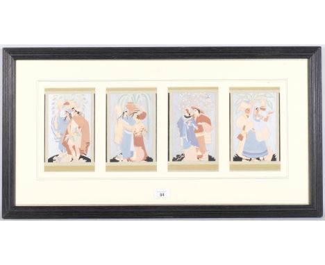 Meredith Hawes RWS (born 1905), designs for panels in a Bournemouth restaurant, gouache and silver paint, 1933, mounted in co