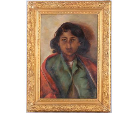 Portrait of a girl, late 19th century oil on board, indistinctly signed R Shabe?, dated 1889, 46cm x 32cm, framed Good condit