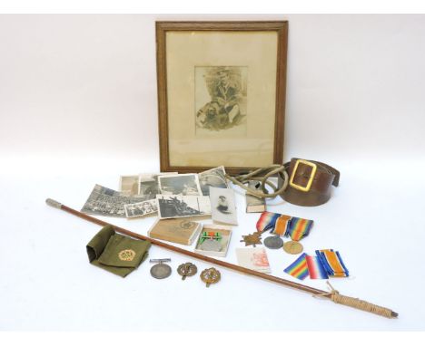 A collection of World War I medals, awarded to 13397 PTE A G Tidbury, Notts & Derby R, a swagger stick, photographs, and othe