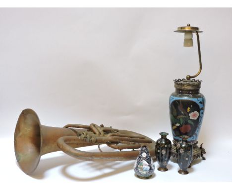 Two small cloisonné vases, a small Persian enamel vase, a table lamp, and a tuba