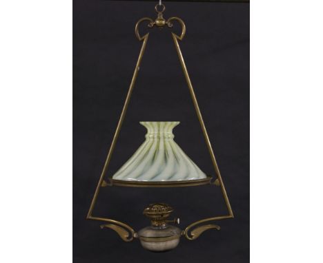 A vaseline lamp shade, with large hanging brass oil lamp, marked Hinks