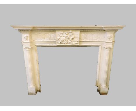 A 19th century painted fire surround, the dentil cornice above a central frieze depicting an amorous shepherd, a cherub mask 