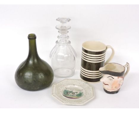 Ceramics and glass, including a Victorian nursery plate, mug, character jug, decanter, and bottle, tallest 26cm high
