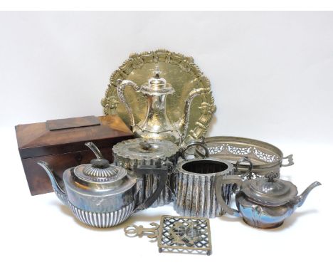 A small quantity of silver plated teapots, a mahogany tea caddy, etc