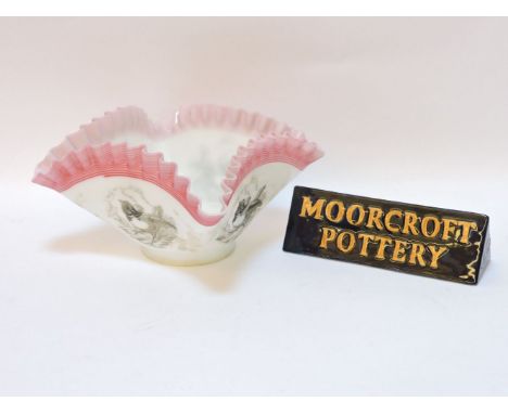 A Moorcroft pyramid sign, and a Victorian glass light shade decorated with magpies