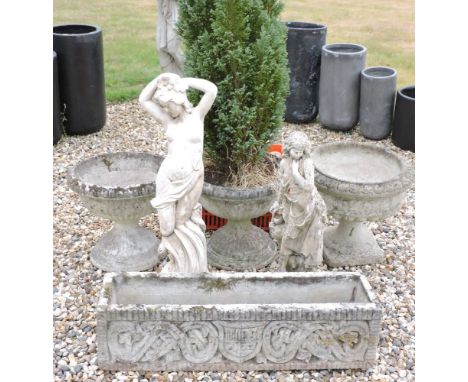 A pair of reconstituted stone garden vases, another, a rectangular planter, two figures, and a quantity of flower pots