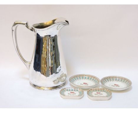 A P&amp;O silver plated jug, two White Star butter dishes, and two saucers