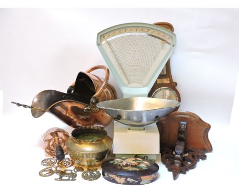 A set of Avery shop scales, a copper fire scuttle and scoop, together with a modern barometer