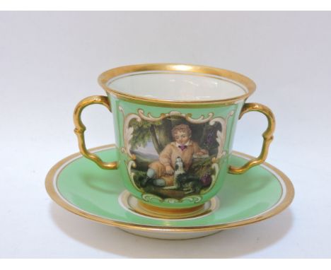 A 19th century Flight Barr & Barr Worcester porcelain custard cup and saucer, decorated in green glaze and with hand painted 