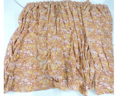 Two pairs of lined and interlined curtains, gold ground with puce chinoiserie designs